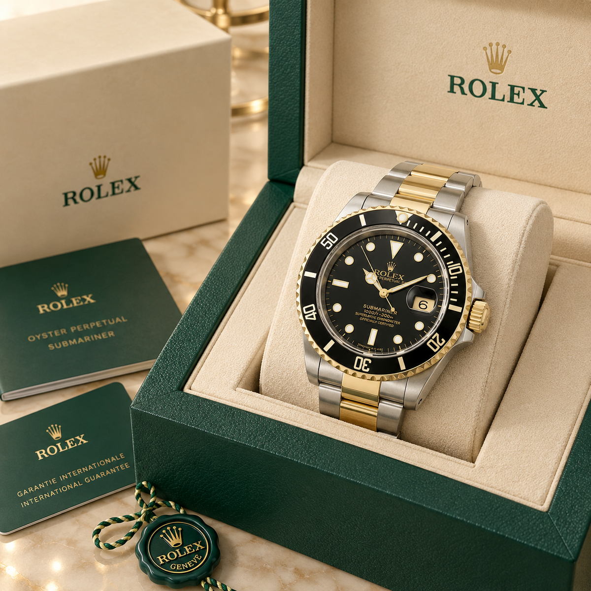 Marinus Bicolor Taucheruhr Schwarz Goldfarben 40 mm in grüner Präsentationsbox