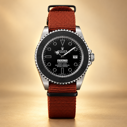 Marinus Textilband-Herrenuhr – Frontansicht in Schwarz und Rostbraun – Sophie Berlin