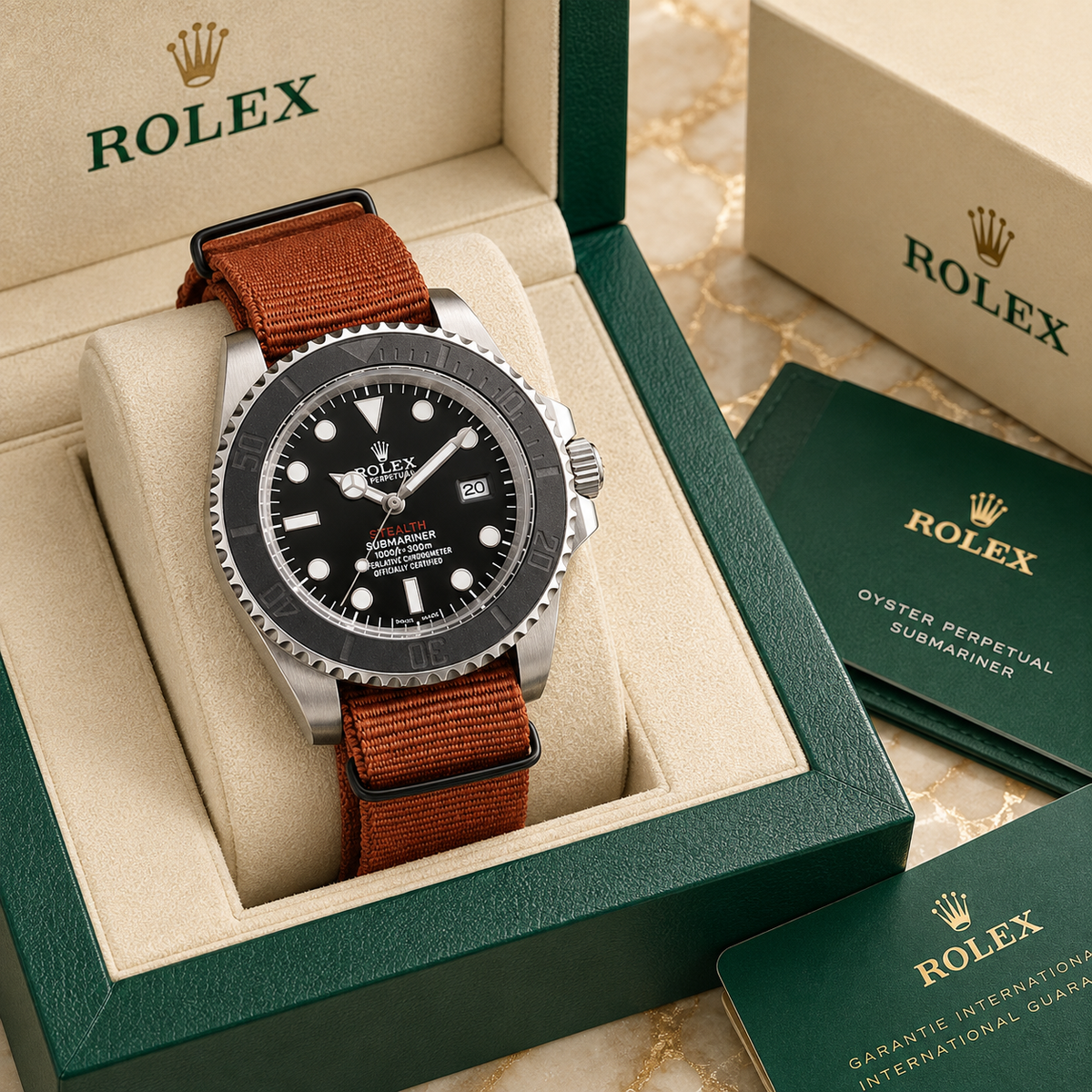 Marinus Taucheruhr Schwarz Rostbraun 41 mm in grüner Präsentationsbox