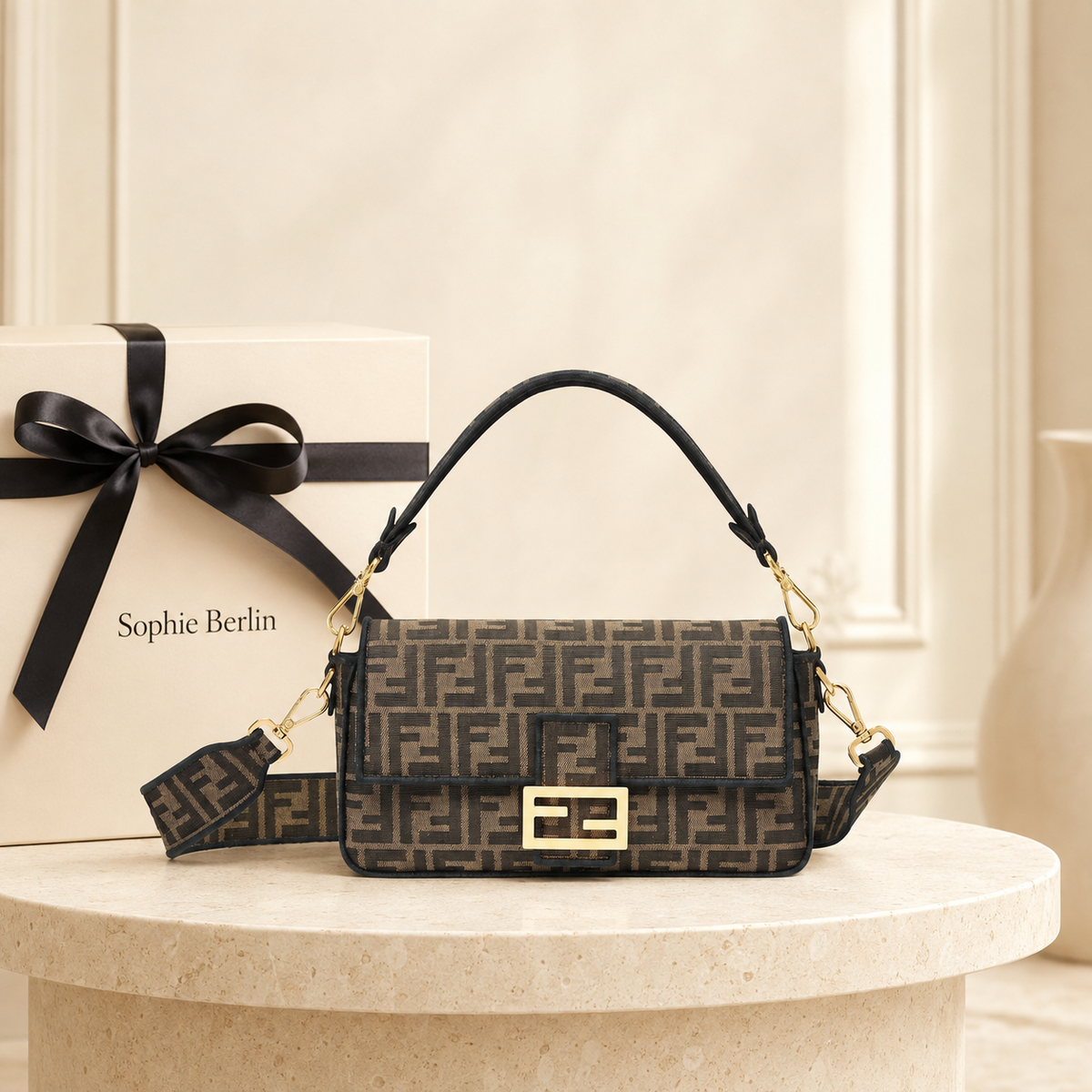 Baguette Jacquard-Tasche Braun – Luxusansicht
