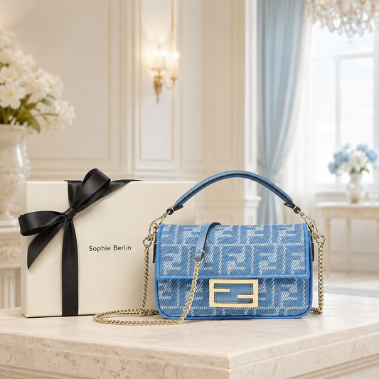 Baguette Mini Denim-Jacquard Blau – Luxusansicht