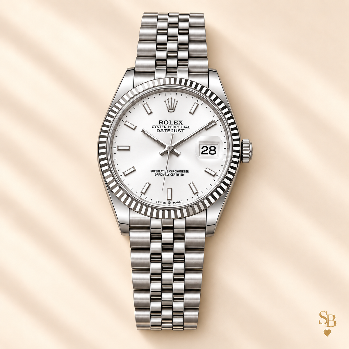 Blanc Éclat – einzelne 36-mm-Armbanduhr, silberfarben mit weißem Zifferblatt, geriffelter Umrandung und Gliederarmband