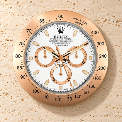 Daytona Wanduhr – Roségold & Weiß – Vorderansicht an einer hellen Steinwand