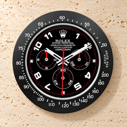 Daytona Wanduhr – Schwarz (Modell 014) – Vorderansicht an einer hellen Steinwand