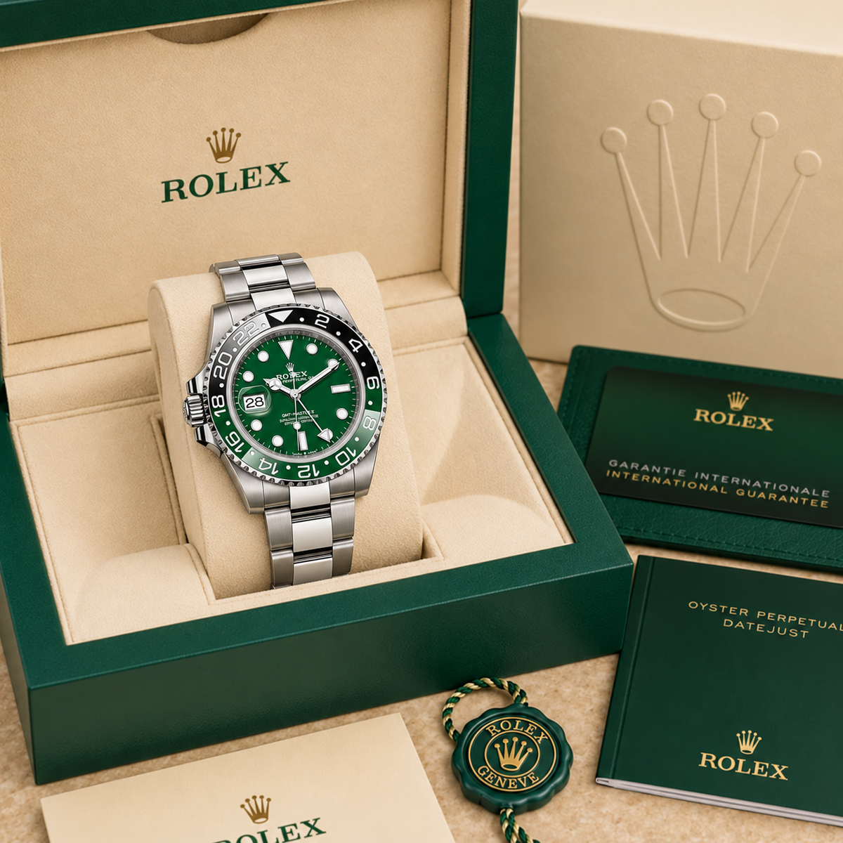 Meridian Dual-Time Absinthe Oyster 40 mm in grüner Präsentationsbox