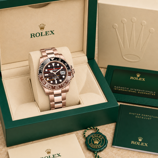 Meridian Dual-Time Tiger Iron Roségoldfarben 40 mm in grüner Präsentationsbox