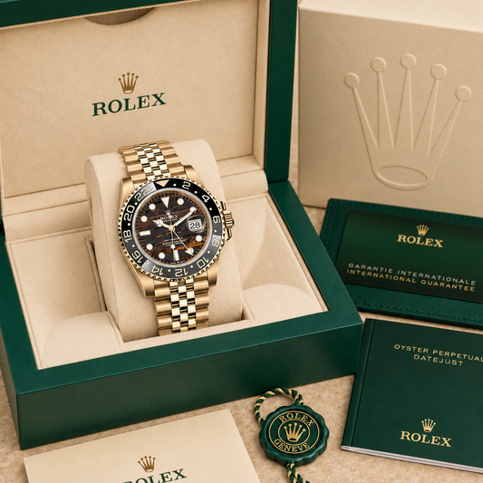 Meridian Dual-Time Tiger Iron Goldfarben 40 mm in grüner Präsentationsbox