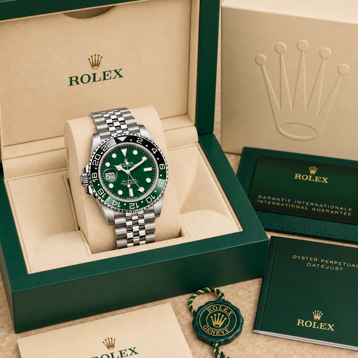 Meridian Dual-Time Absinthe Gliederarmband 40 mm in grüner Präsentationsbox