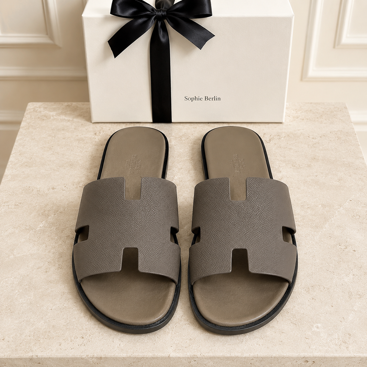 Izmir Herrenpantolette in elegantem Taupe – liegendes Paar auf Travertin