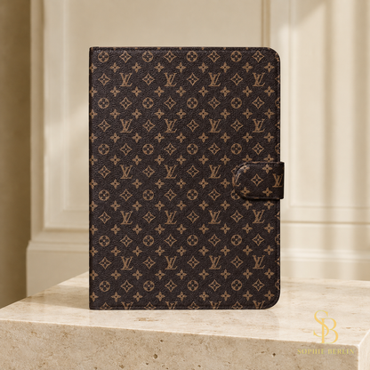 Rosafarbene iPad-Hülle mit hellem Monogramm – Braun big Monogramm in heller Sophie-Berlin-Boutique