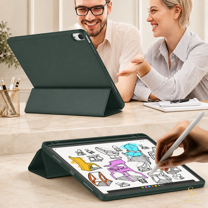 Dunkelgrüne iPad-Hülle mit Stifthalter und Aufstellfunktion – Sophie-Berlin-Luxusansicht 6