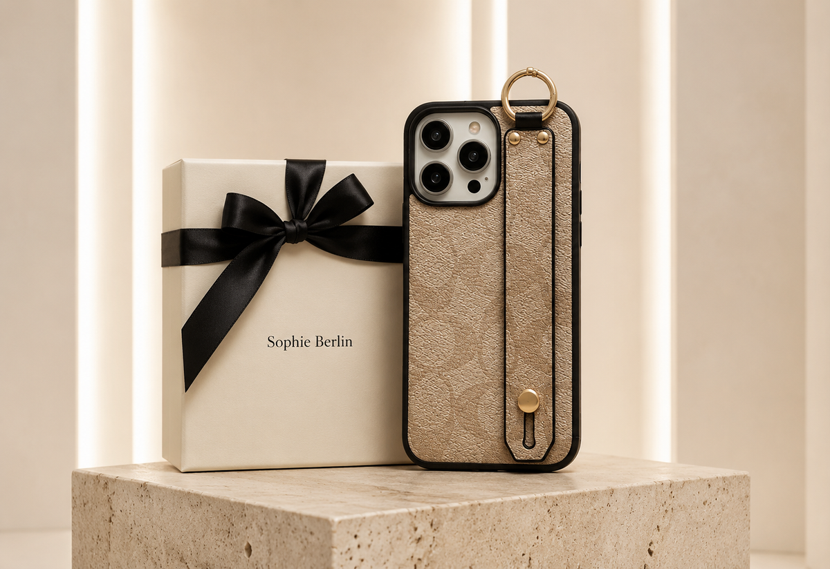 Kaffeebraune iPhone-Hülle mit praktischem Halter – Sophie Berlin Luxusprofil