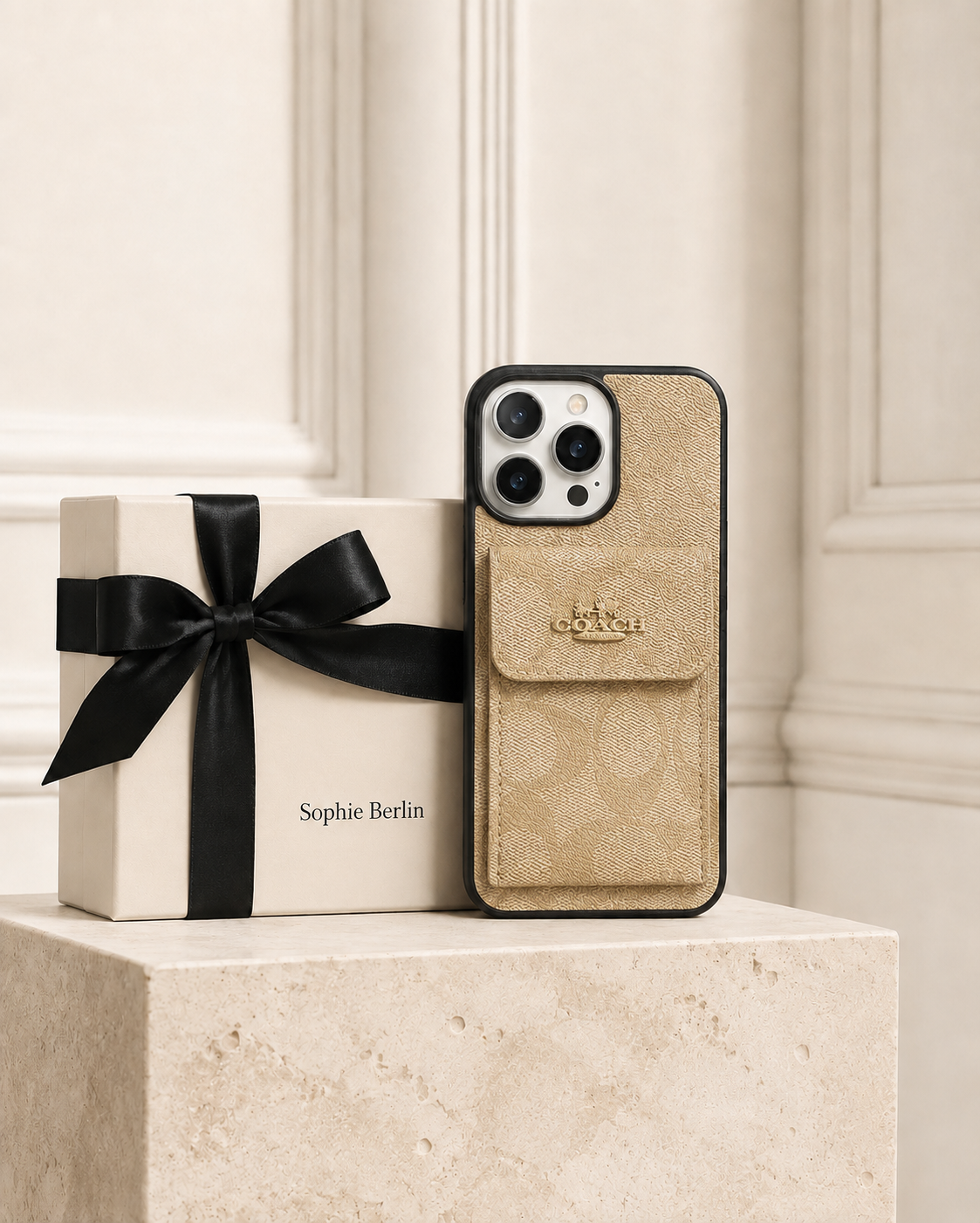 Kaffeebraune iPhone-Hülle mit Kartenetui – Sophie Berlin Luxusprofil