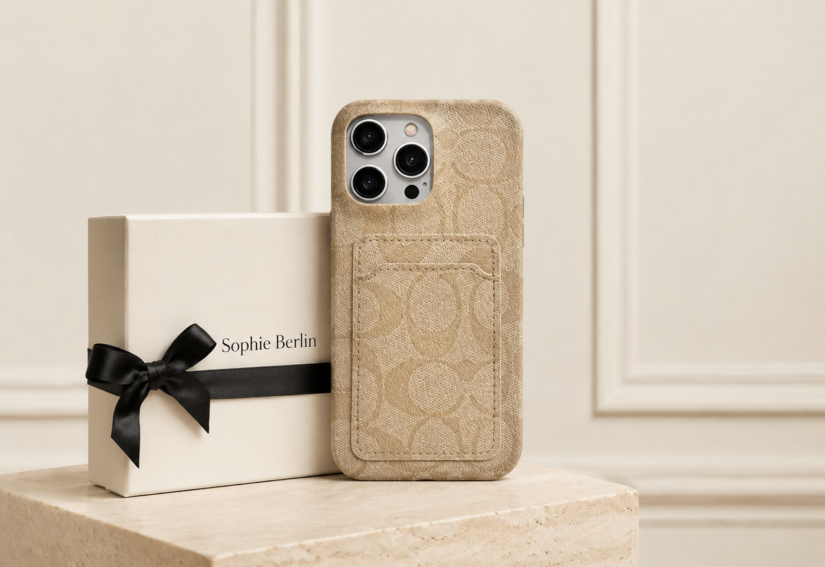 Weiße iPhone-Hülle mit elegantem Kartenfach – Sophie Berlin Luxusprofil