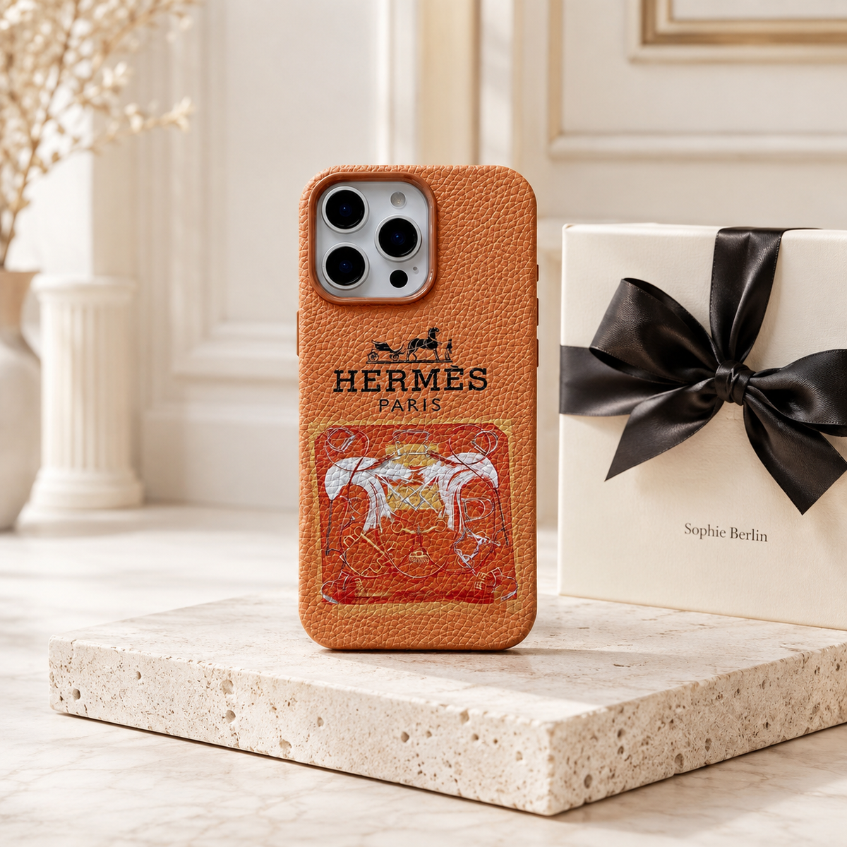 Orange-weiße iPhone-Hülle mit glatter Oberfläche – Sophie Berlin Luxusprofil