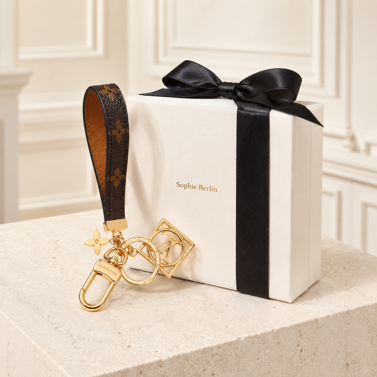Schwarzer Monogrammriemen mit silberfarbenem Clip – Sophie-Berlin-Luxusprofil