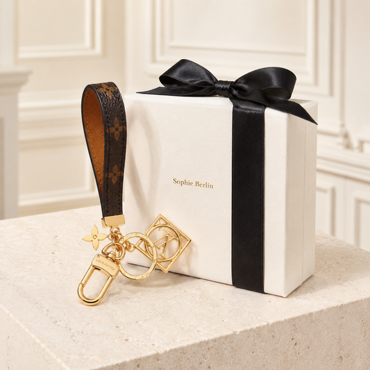 Schwarzer Monogrammriemen mit silberfarbenem Clip – Sophie-Berlin-Luxusprofil