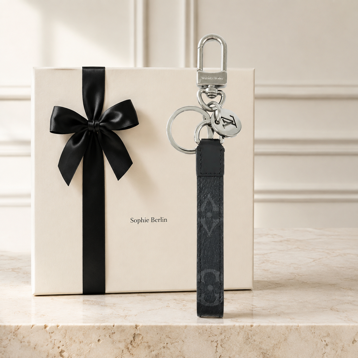Schmaler Monogramm-Schlüsselanhänger mit Karabiner – Sophie-Berlin-Luxusprofil