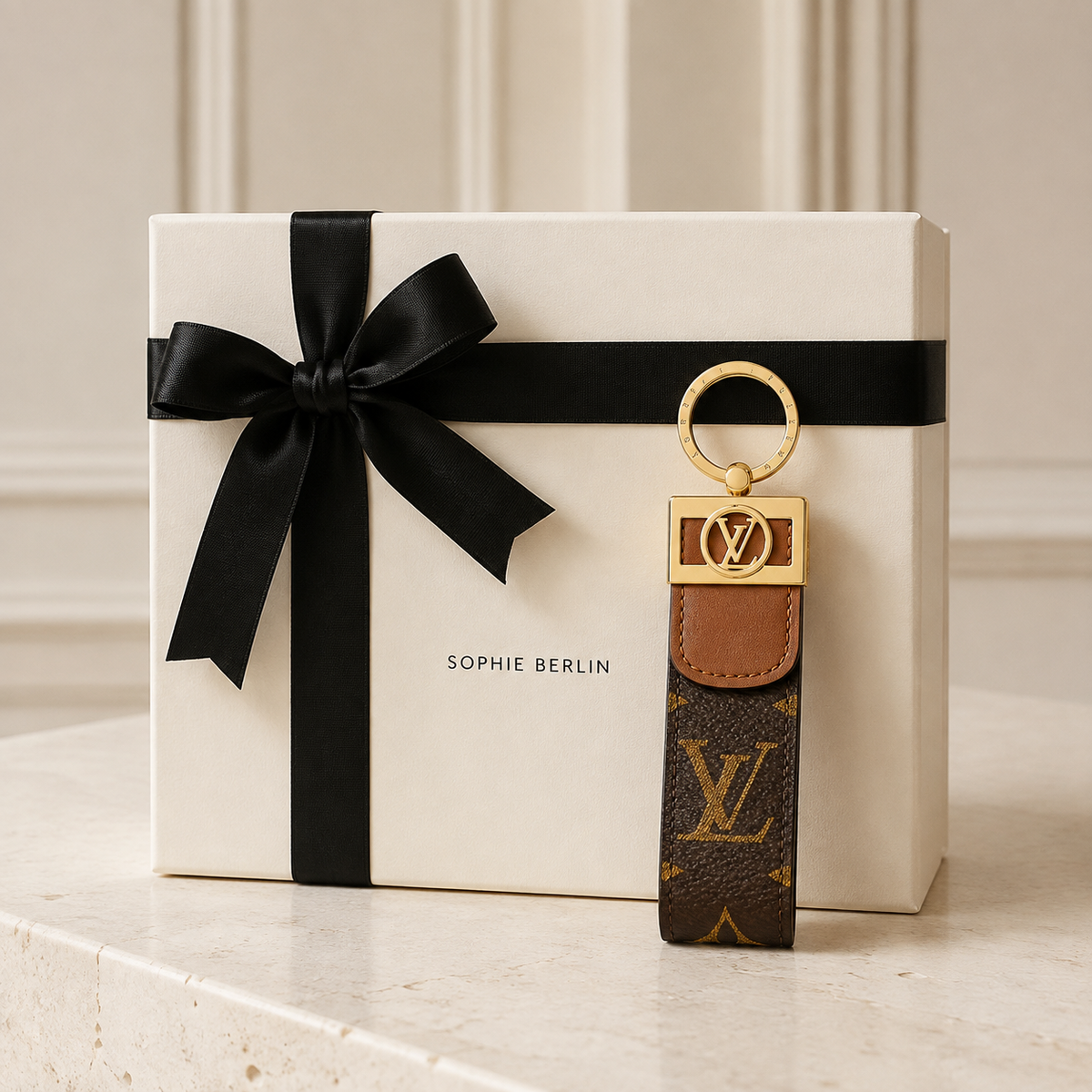 Schwarzer Blumen-Schlüsselanhänger mit Monogrammriemen – Sophie-Berlin-Luxusprofil