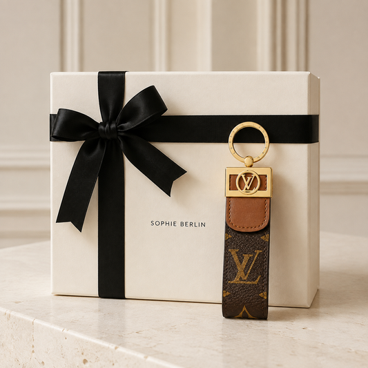 Schwarzer Blumen-Schlüsselanhänger mit Monogrammriemen – Sophie-Berlin-Luxusprofil