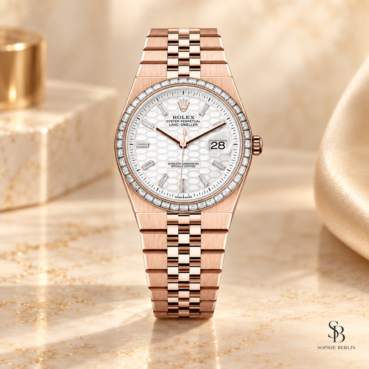 Roségoldfarbene 36-mm-Uhr auf einem warmen Marmorhintergrund