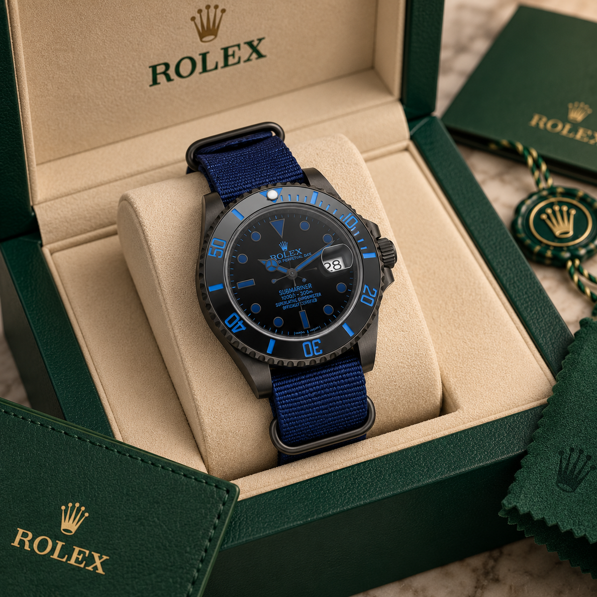 Marinus Sportuhr Schwarz-Blau – 40 mm in grüner Luxusbox mit Zertifikat und Booklets