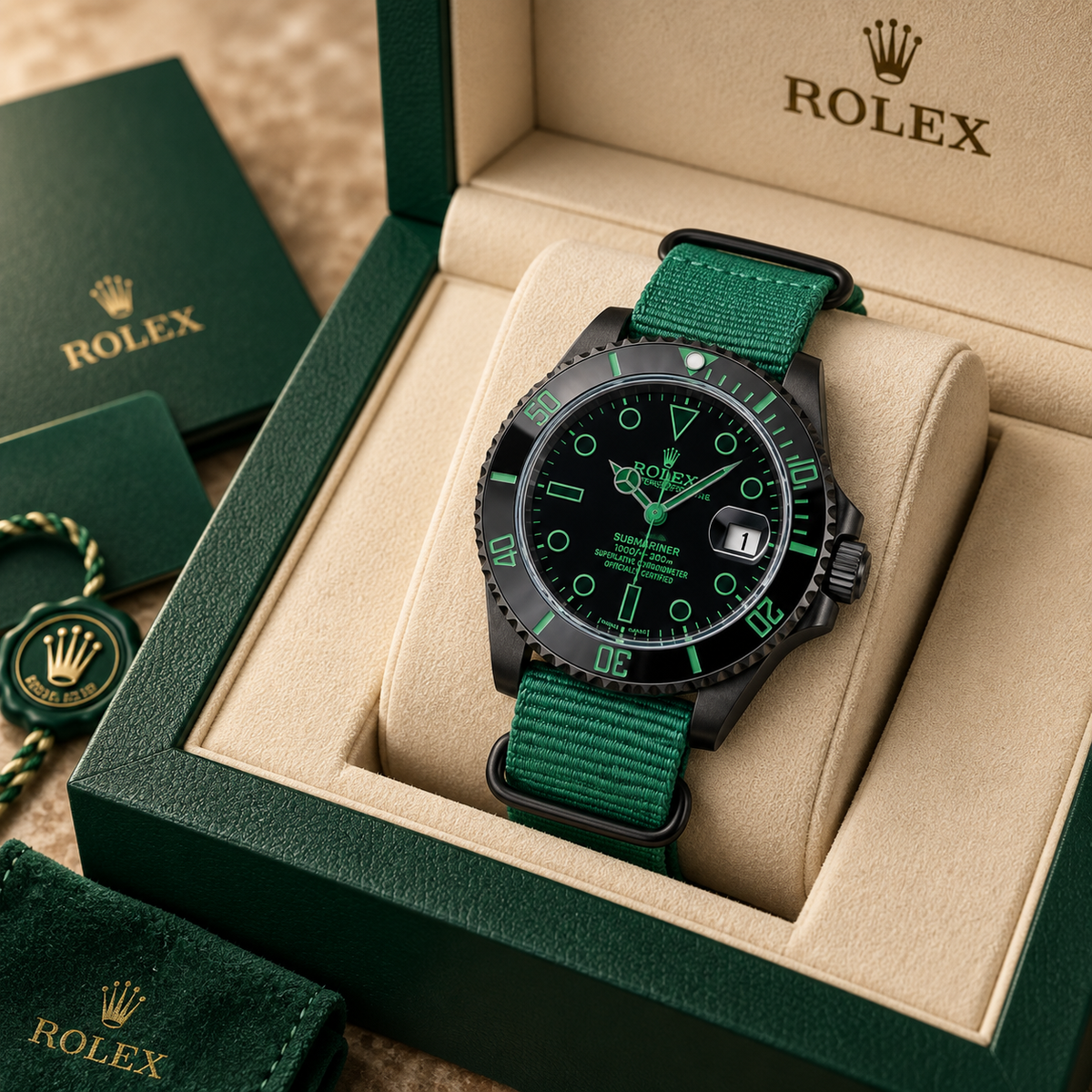 Marinus Sportuhr Schwarz-Grün – 40 mm in grüner Luxusbox mit Zertifikat und Booklets