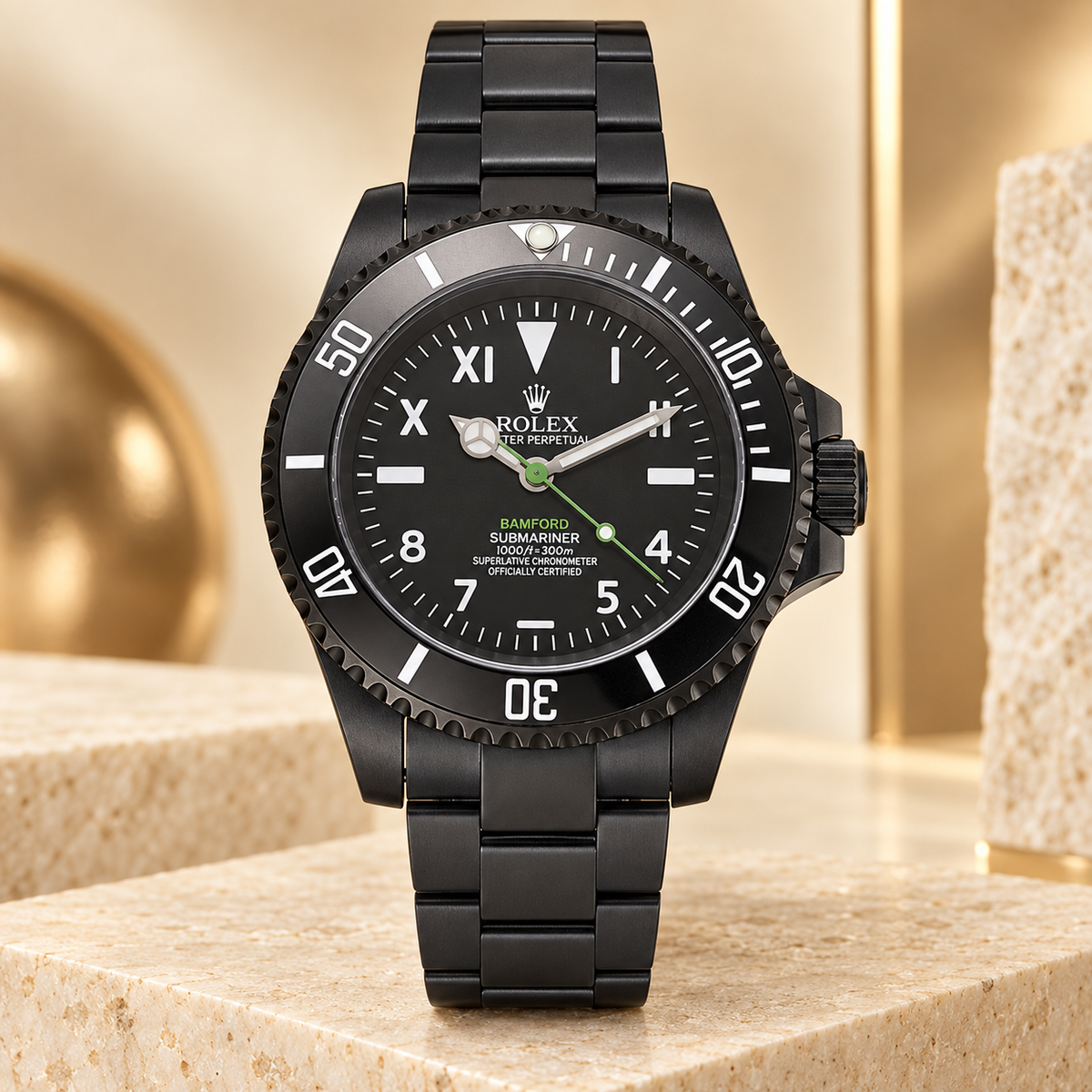 Marinus Herrenuhr, 41 mm, Frontansicht mit schwarzem Zifferblatt und grünen Akzenten