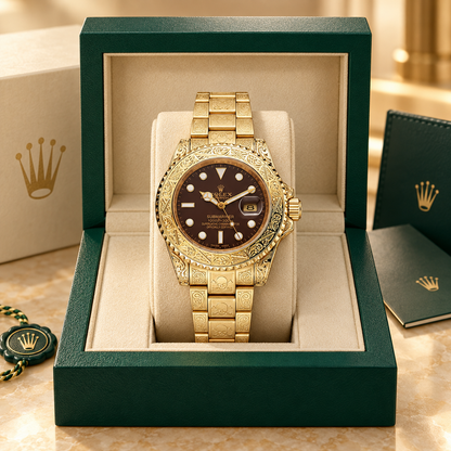 Marinus Gravuruhr – Goldfarben & Schokoladenbraun | 41 mm – Produktfoto in Präsentationsbox