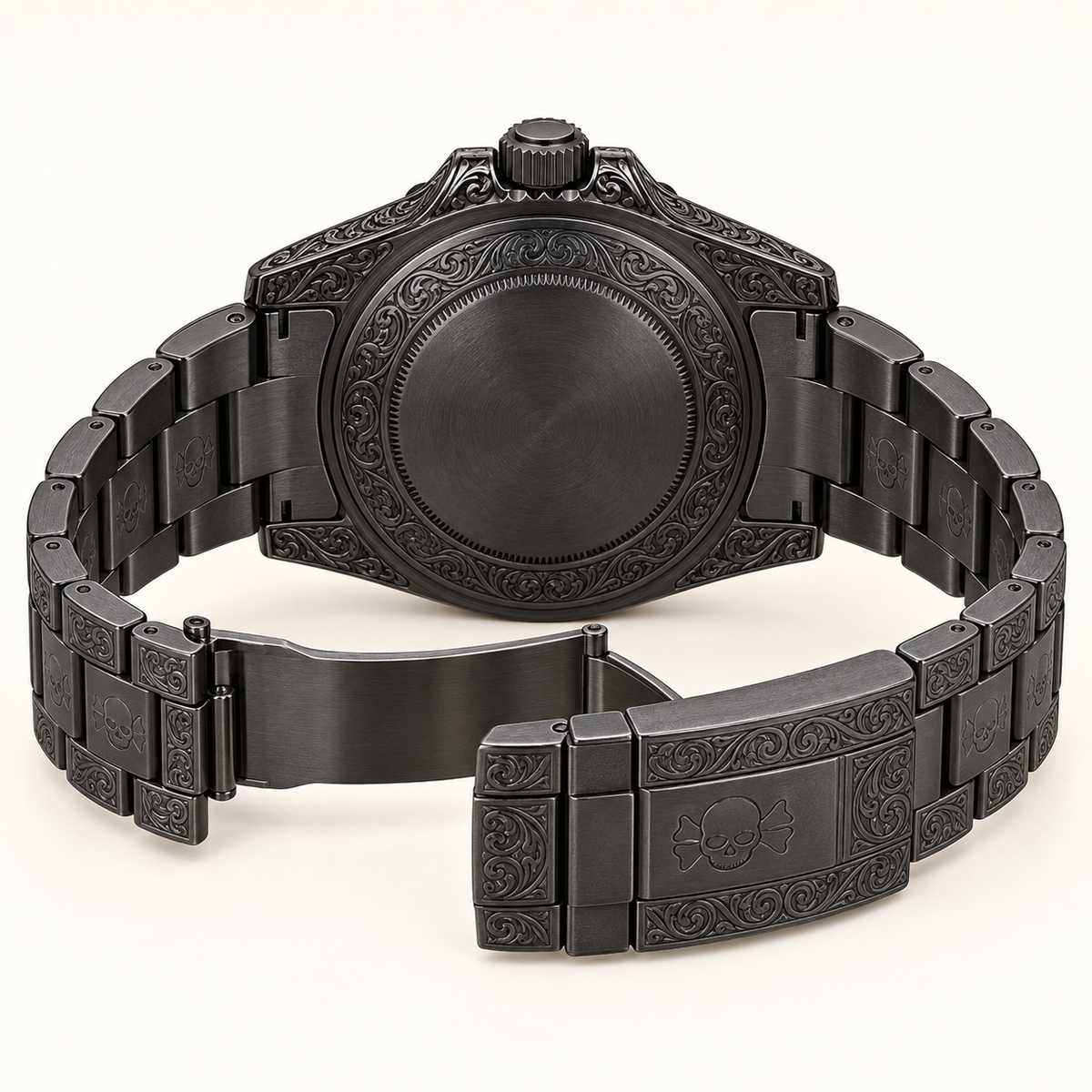 Marinus Herrenuhr – Schwarz & Dunkelgrün | 41 mm – geschlossener Gehäuseboden und geöffnete Schließe
