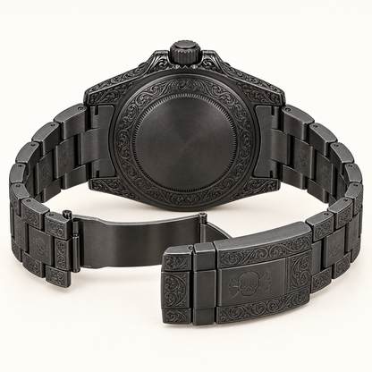 Marinus Herrenuhr – Schwarz & Dunkelgrün | 41 mm – geschlossener Gehäuseboden und geöffnete Schließe