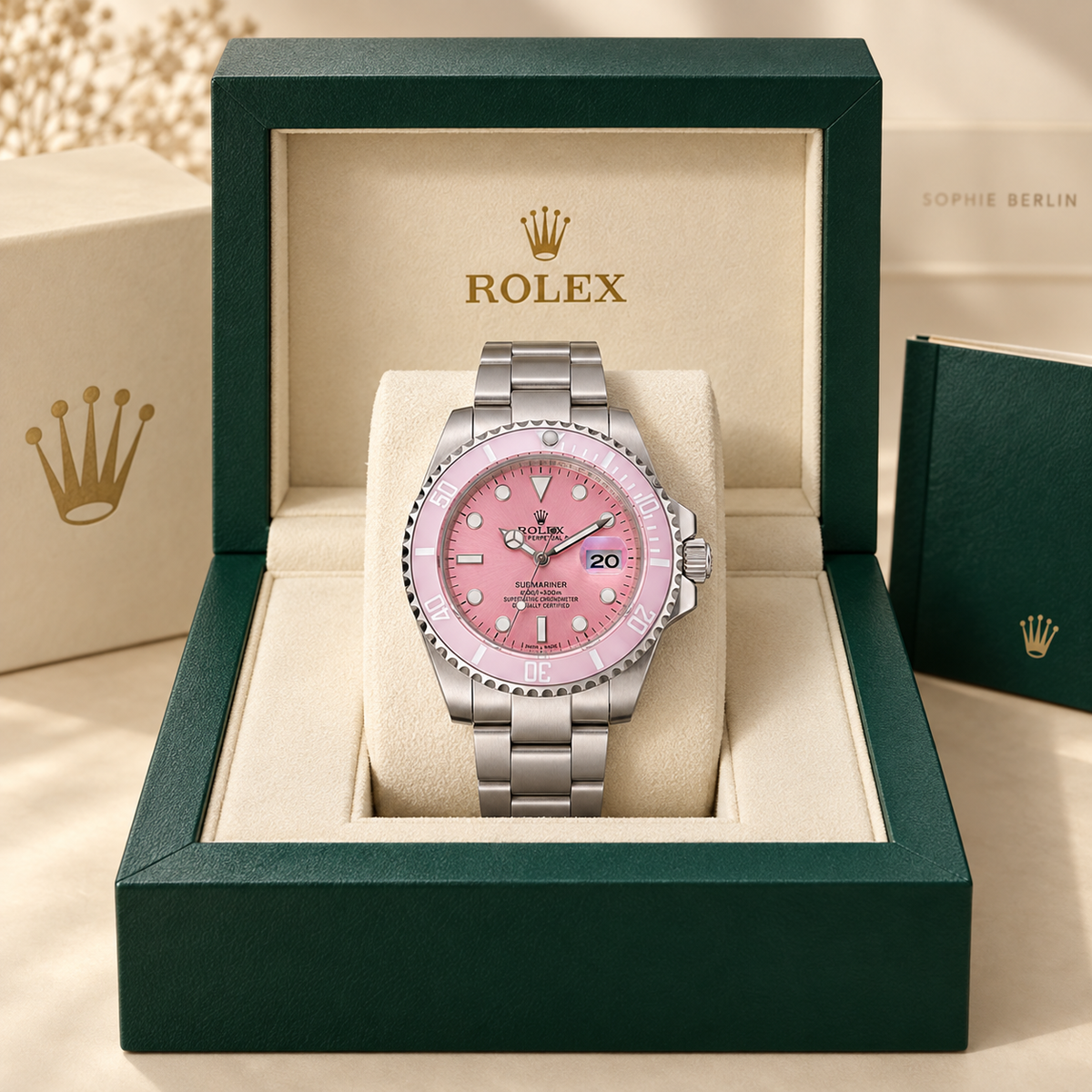 Marinus Gliederband-Herrenuhr in Silberfarben und Rosa, 41 mm, in grüner Präsentationsbox