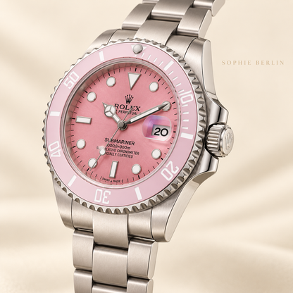 Marinus Herrenuhr, 41 mm, Seitenansicht mit Krone und rosa Lünette