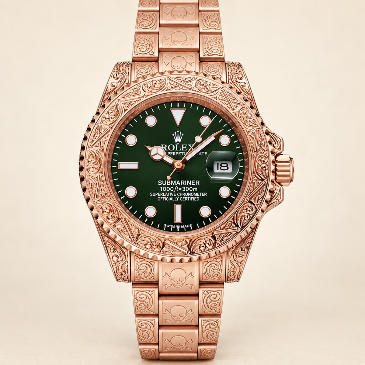 Marinus Gravuruhr, 41 mm, dunkelgrünes Zifferblatt und roséfarbenes Gliederband