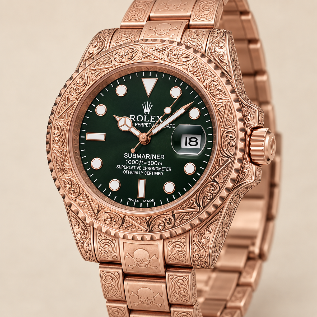Marinus Gravuruhr, 41 mm, roséfarbene Seitenansicht mit Ornamenten und Krone