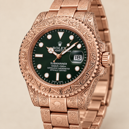 Marinus Gravuruhr, 41 mm, roséfarbene Seitenansicht mit Ornamenten und Krone