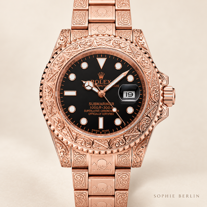 Marinus Gravuruhr, 41 mm, schwarzes Zifferblatt und roséfarbene Ornamente