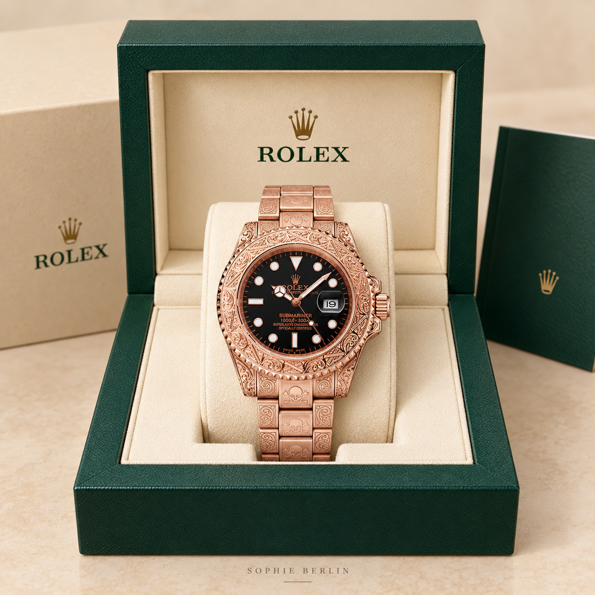 Marinus Gravuruhr in Roséfarben und Schwarz, 41 mm, in grüner Präsentationsbox