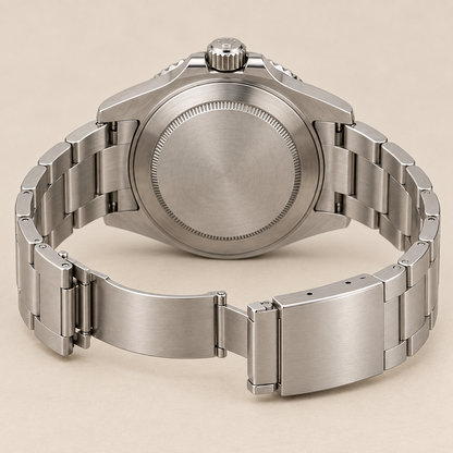Marinus Herrenuhr, 41 mm, geschlossene silberfarbene Rückseite mit geöffneter Faltschließe