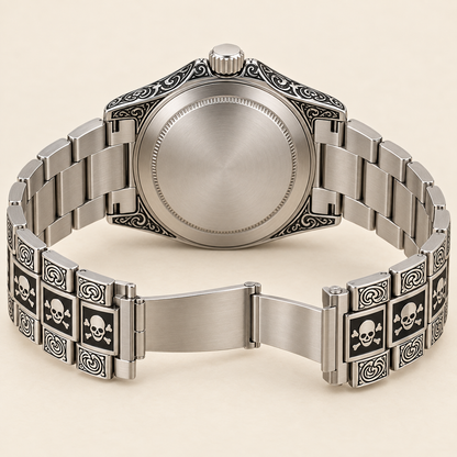 Marinus Gravuruhr, 41 mm, geschlossene silberfarbene Rückseite und geöffnetes graviertes Gliederband