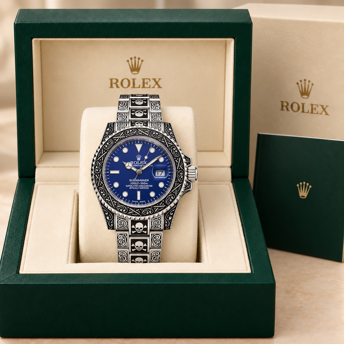 Marinus Gravuruhr in Silberfarben, Schwarz und Blau, 41 mm, in grüner Präsentationsbox
