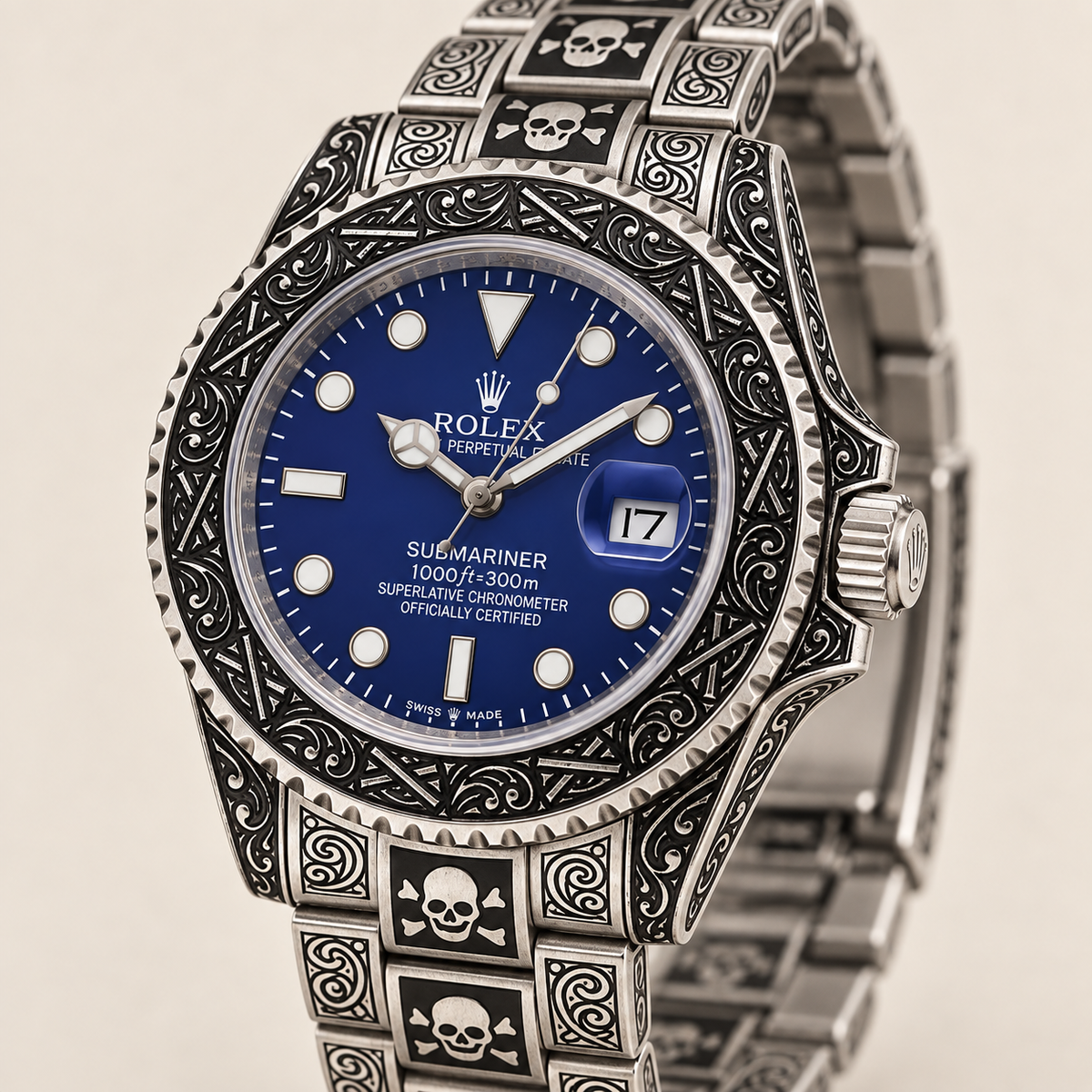 Marinus Gravuruhr, 41 mm, schwarz-silberfarbene Ornamentik an Gehäuse und Lünette