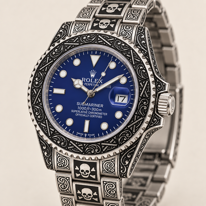 Marinus Gravuruhr, 41 mm, schwarz-silberfarbene Ornamentik an Gehäuse und Lünette