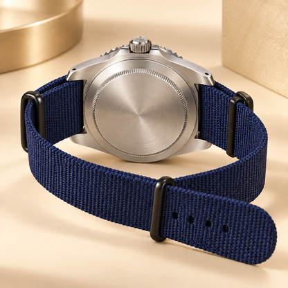 Marinus Stealth-Textilband-Herrenuhr, 41 mm, geschlossene Rückseite und geöffnetes dunkelblaues Band