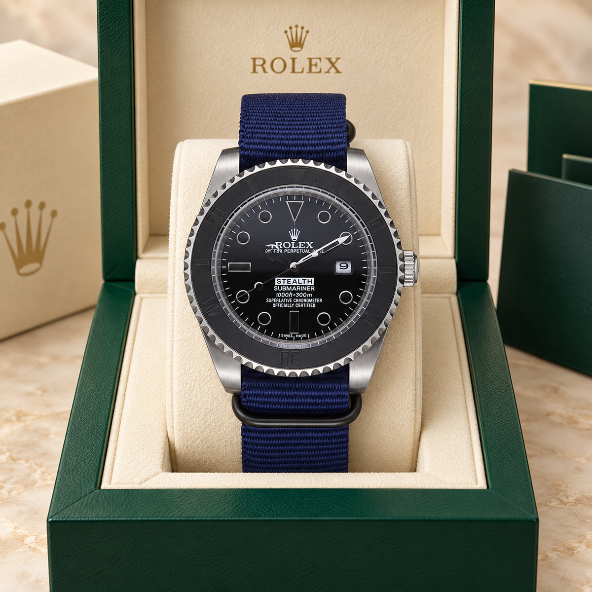 Marinus Stealth-Textilband-Herrenuhr in Schwarz und Dunkelblau, 41 mm, in grüner Luxusbox