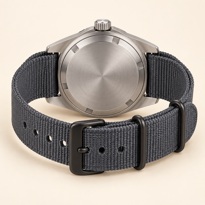 Marinus Stealth-Textilband Herrenuhr – geschlossener Gehäuseboden und geöffnetes Nylonband