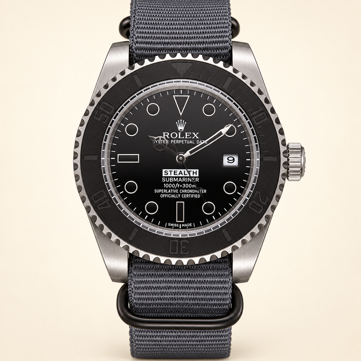 Marinus Stealth-Textilband Herrenuhr – Schwarz & Grau | 41 mm – Vorderansicht