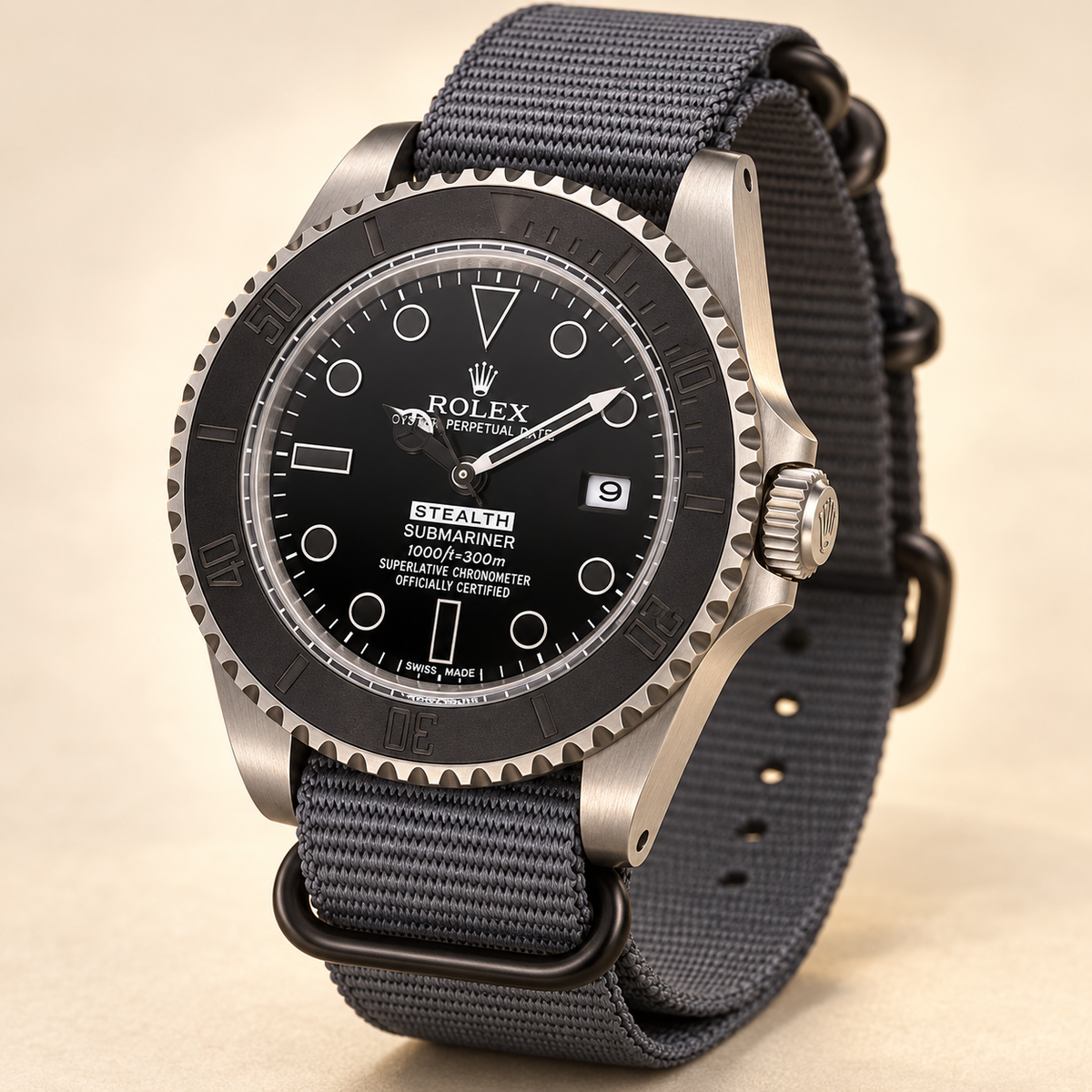 Marinus Stealth-Textilband Herrenuhr – Schwarz & Grau | 41 mm – Seitenansicht