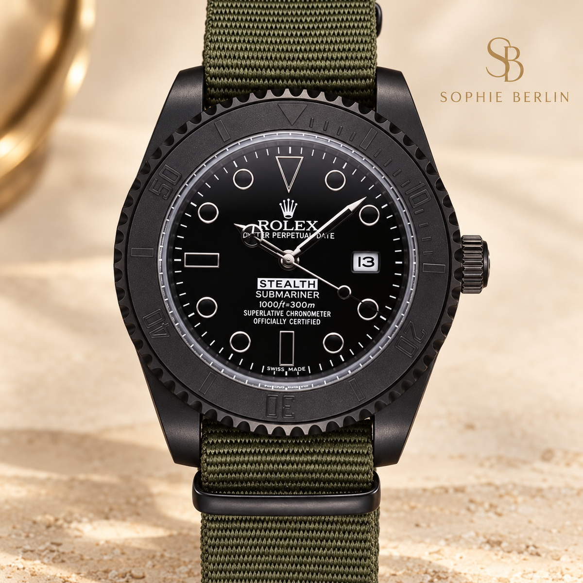 Marinus Textilband-Herrenuhr – Schwarz & Oliv | 39 mm – Vorderansicht