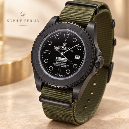 Marinus Textilband-Herrenuhr – Schwarz & Oliv | 39 mm – Seitenansicht